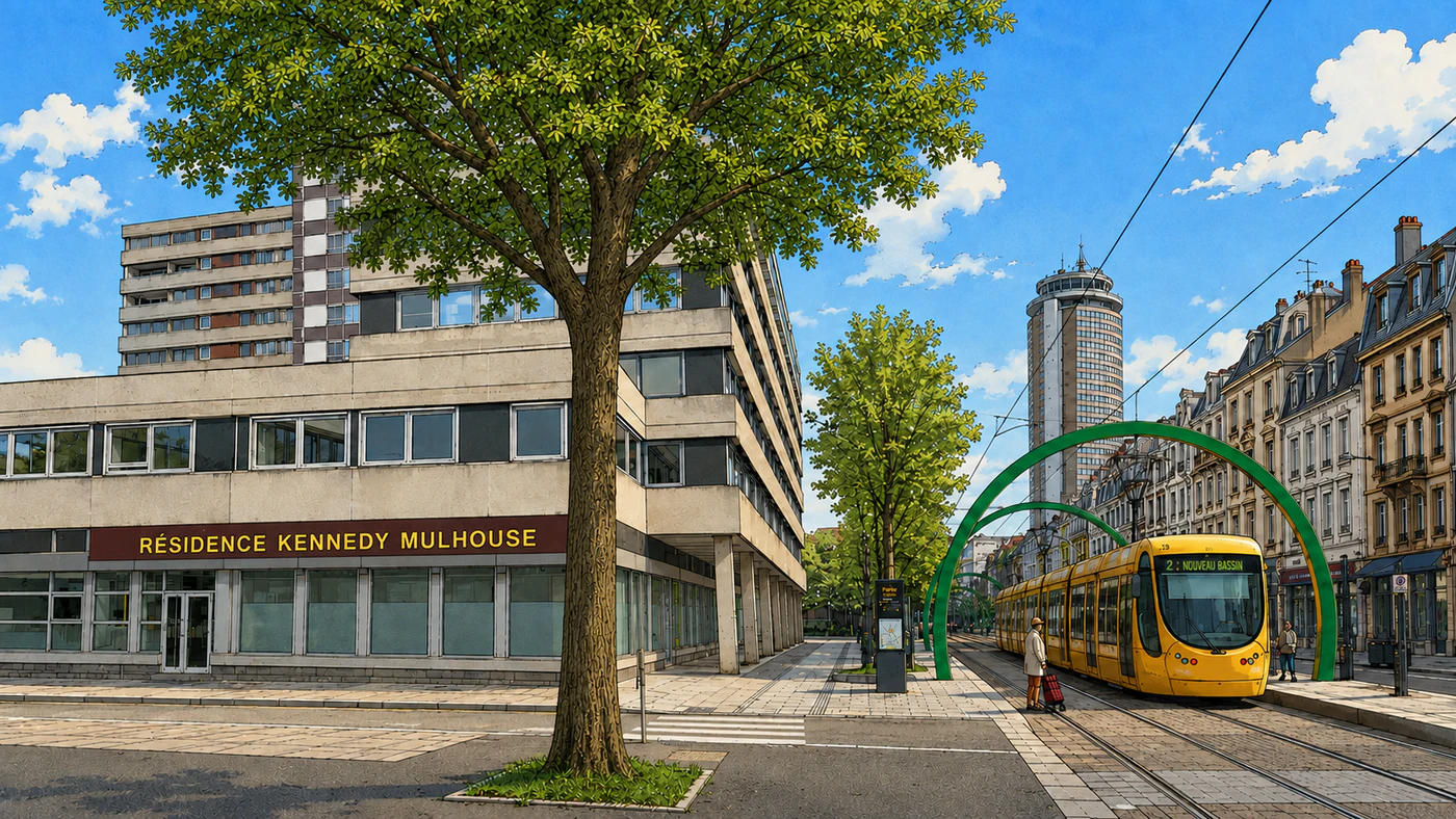 Résidence Kennedy à Mulhouse avec le tramway et la Tour de l'Europe
